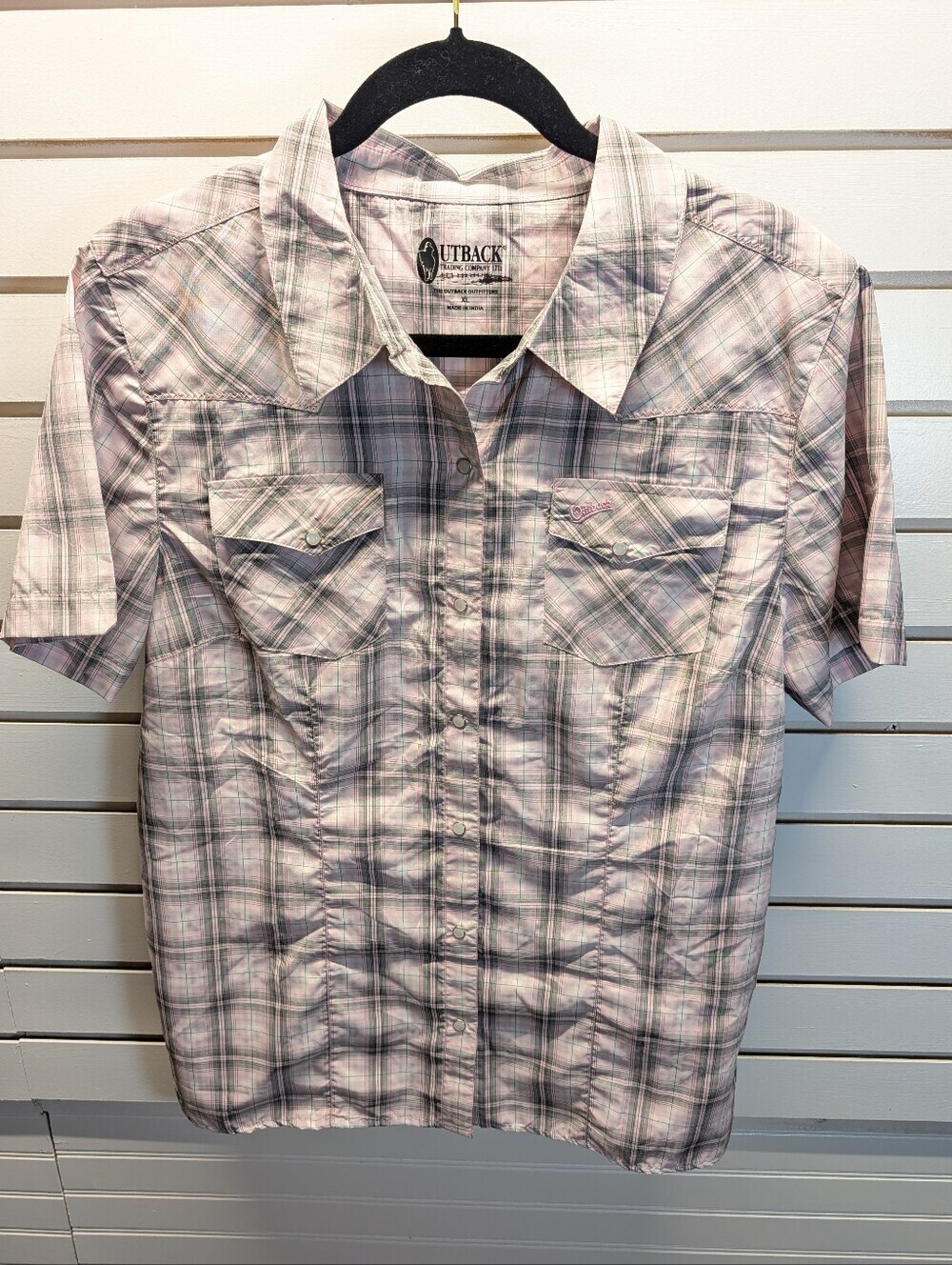 Outback Trading Co. Deltona Short Sleeve Snap Front Pink/Black Plaid Shirt  NWT